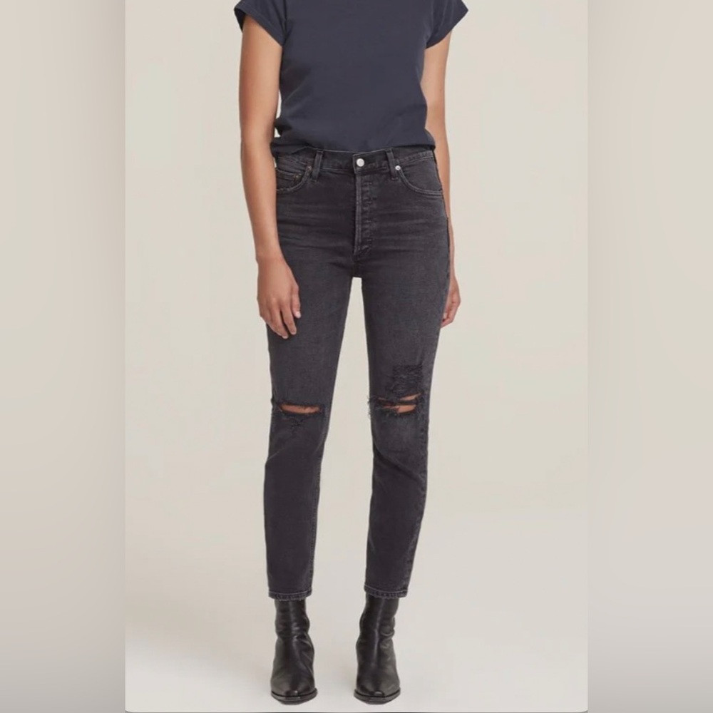NWT Agolde Black Distressed Nico High Rise Slim Fit Jeans Cassette Wash - Picture 2 of 10
